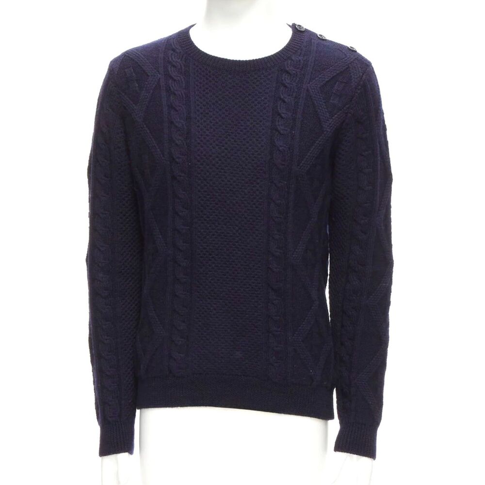 APC Navy Blue 100% Wool Cable Knit Crewneck Sweater Men’s Small Button Shoulder